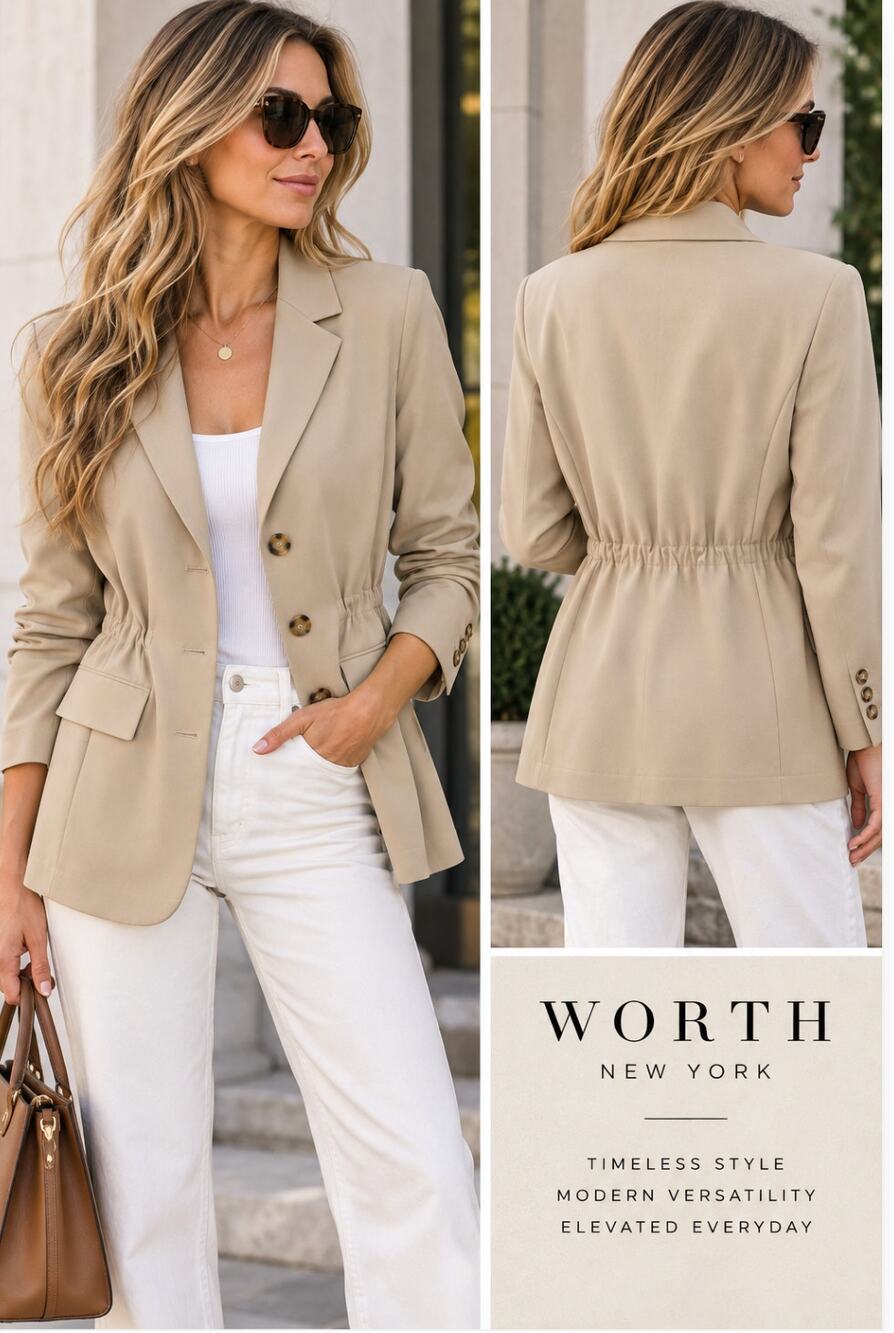 Worth New York Blazer M Beige Cinched Waist Longline Stretch Quiet Luxury
